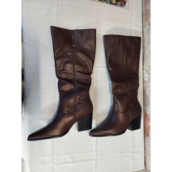 Unbranded Shoes - Womens Sz 11 Brown Tall Knee High Boots Pointed Toe Block Heel Side Zip